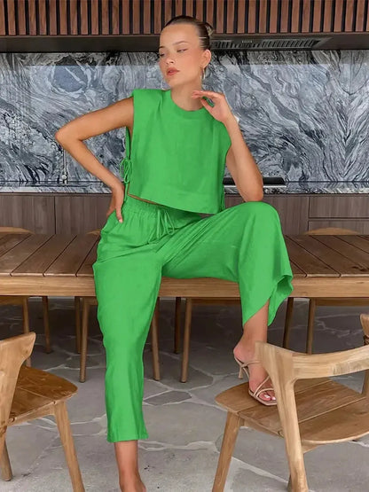 Ensemble Lin 2 Pièces : Crop Top + Pantalon Été-Saylana
