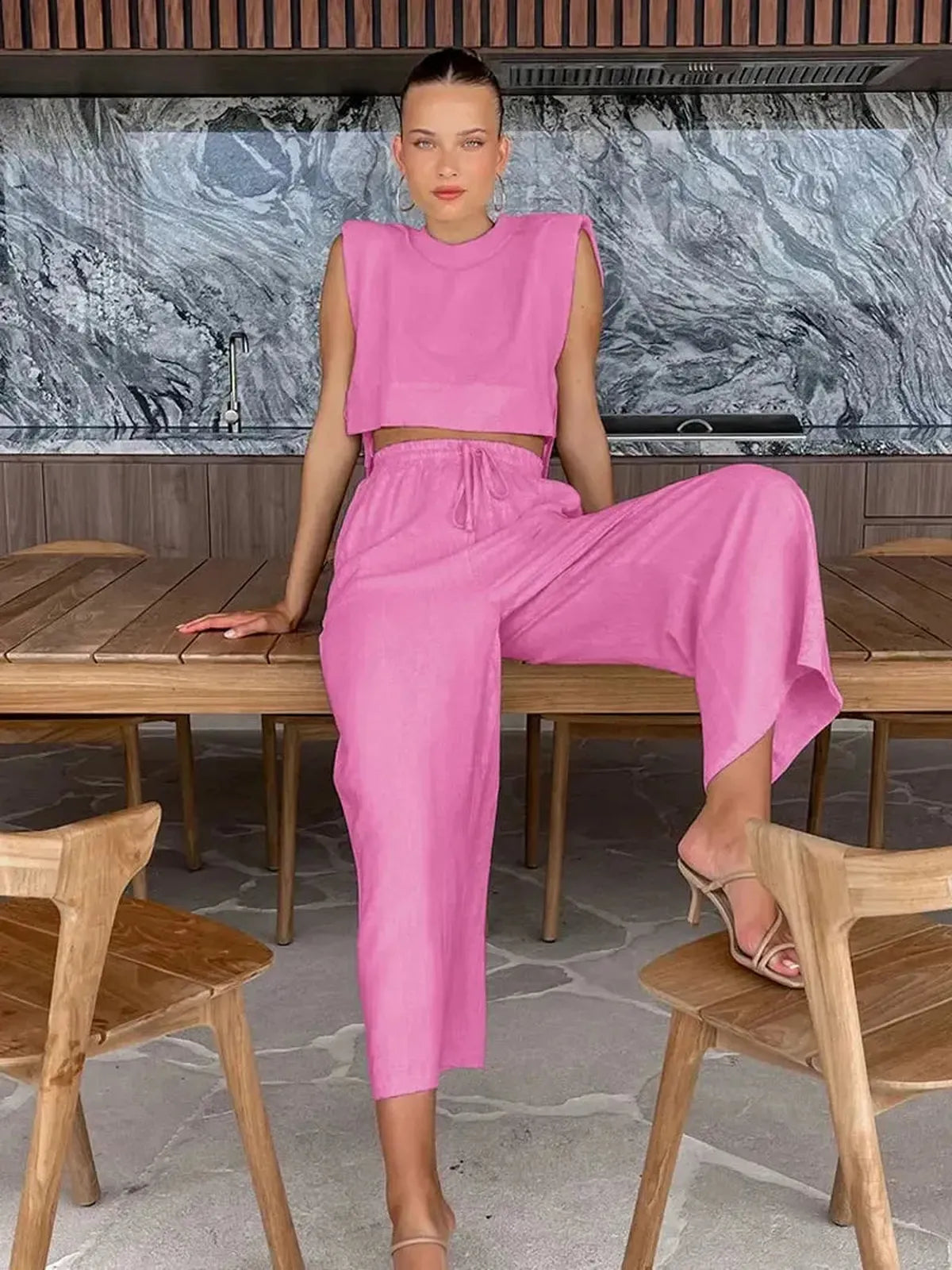 Ensemble Lin 2 Pièces : Crop Top + Pantalon Été-Saylana