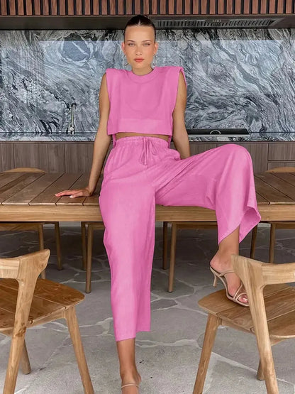 Ensemble Lin 2 Pièces : Crop Top + Pantalon Été-Saylana