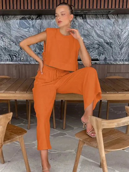 Ensemble Lin 2 Pièces : Crop Top + Pantalon Été-Saylana