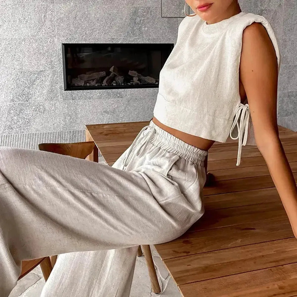 Ensemble Lin 2 Pièces : Crop Top + Pantalon Été-Saylana