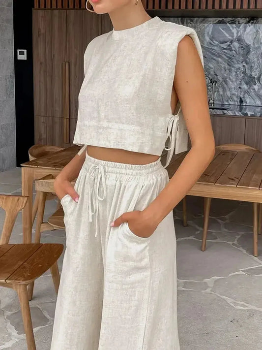 Ensemble Lin 2 Pièces : Crop Top + Pantalon Été-Saylana