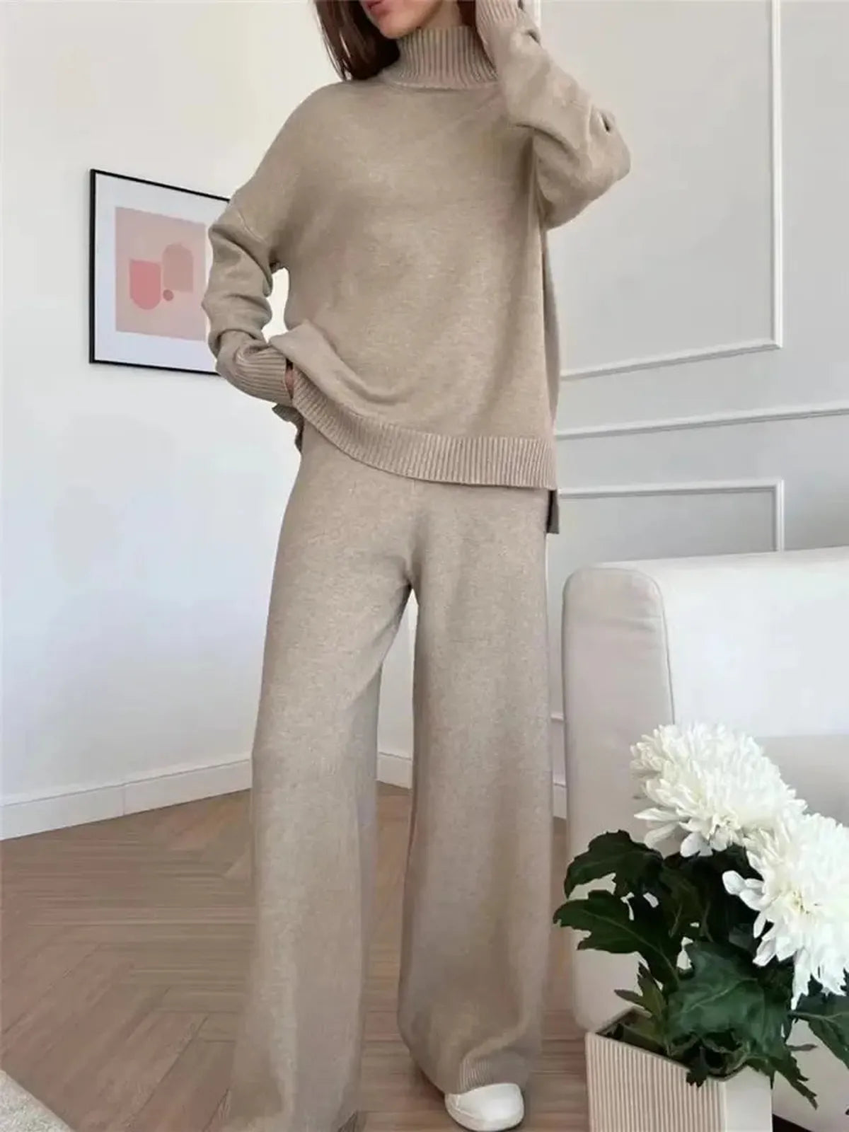Ensemble Tricoté Femme : Col Roulé + Pantalon Droit-Saylana