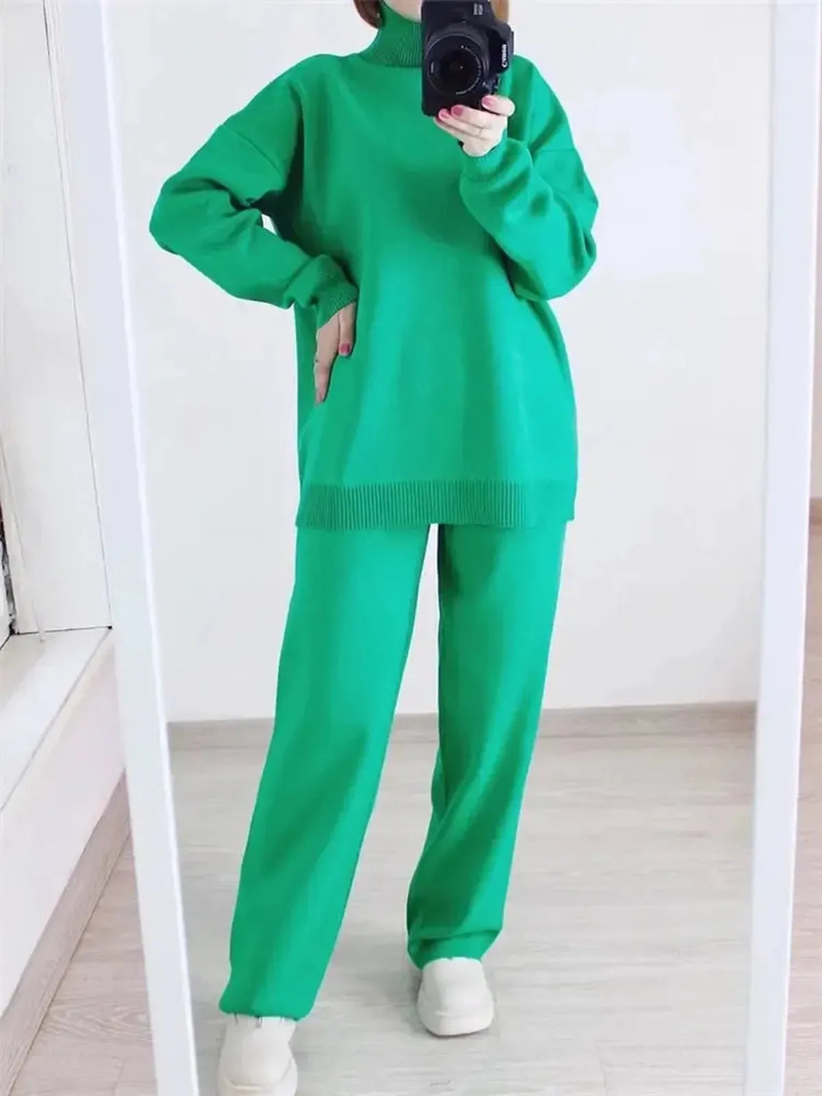 Ensemble Tricoté Femme : Col Roulé + Pantalon Droit-Saylana