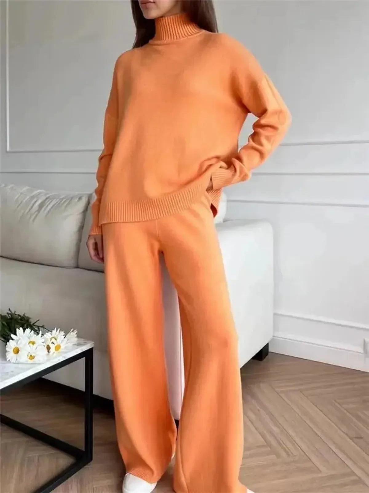 Ensemble Tricoté Femme : Col Roulé + Pantalon Droit-Saylana