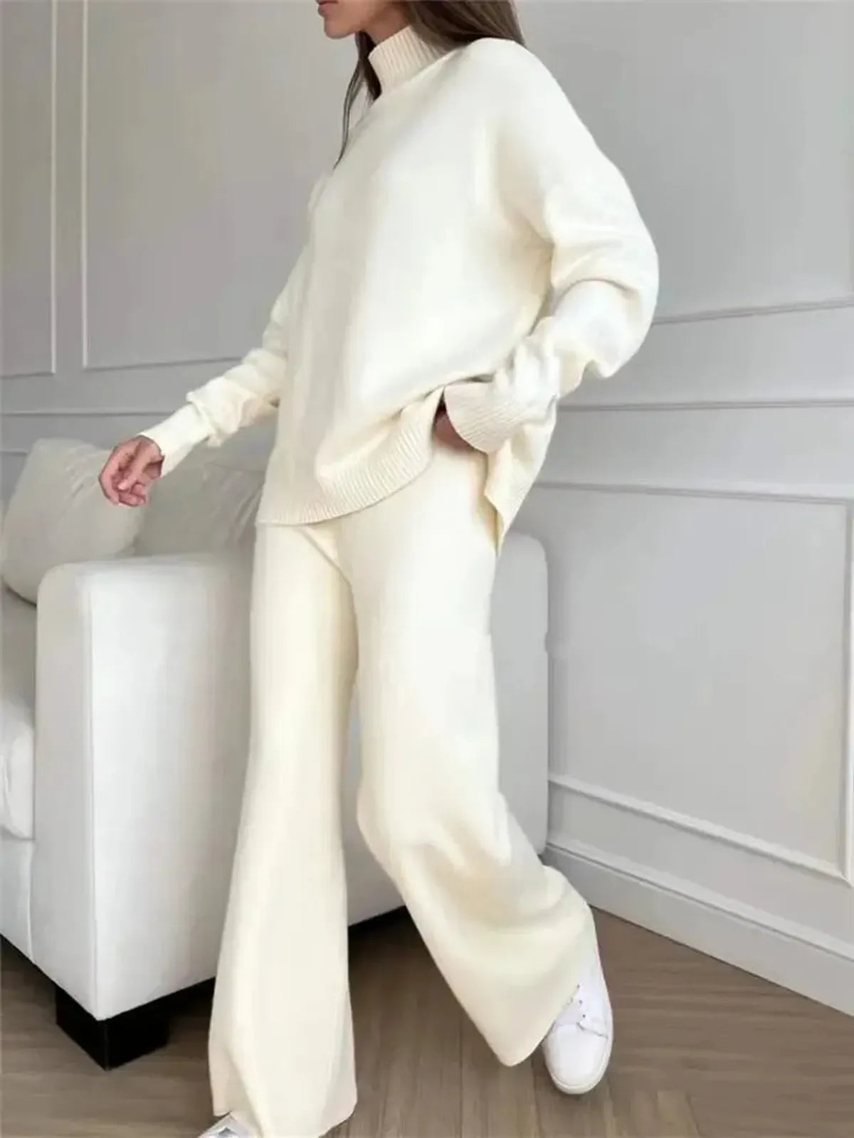 Ensemble Tricoté Femme : Col Roulé + Pantalon Droit-Saylana