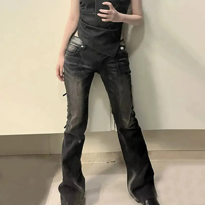 Jean flare noir asymétrique effet usé-Saylana