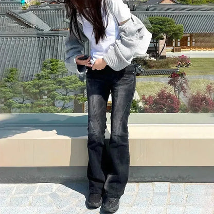 Jean flare noir asymétrique effet usé-Saylana