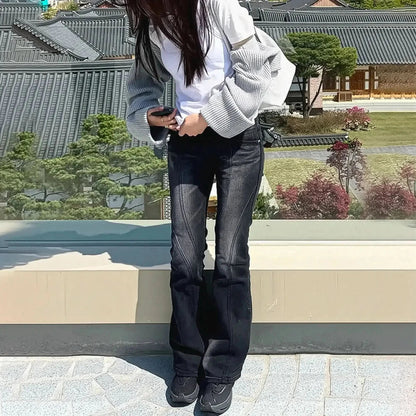 Jean flare noir asymétrique effet usé - Saylana