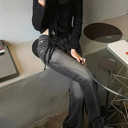 Jean flare noir asymétrique effet usé - Saylana