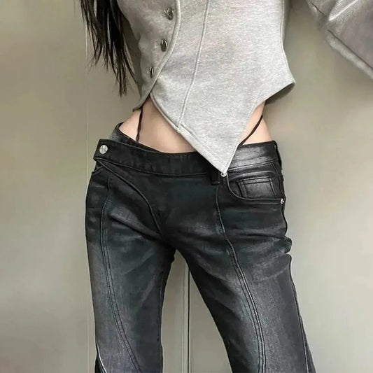 Jean flare noir asymétrique effet usé-Saylana
