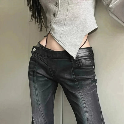 Jean flare noir asymétrique effet usé Saylana