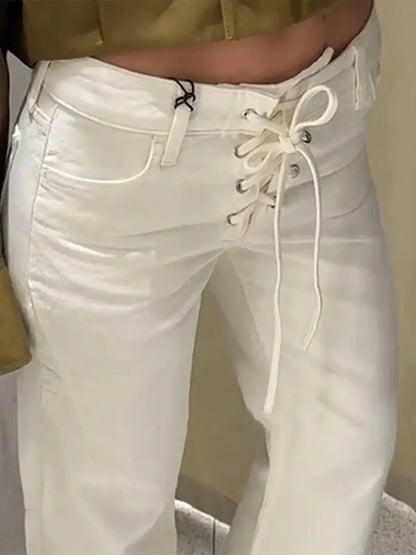 Jean taille basse blanc élégant à nouer-Saylana