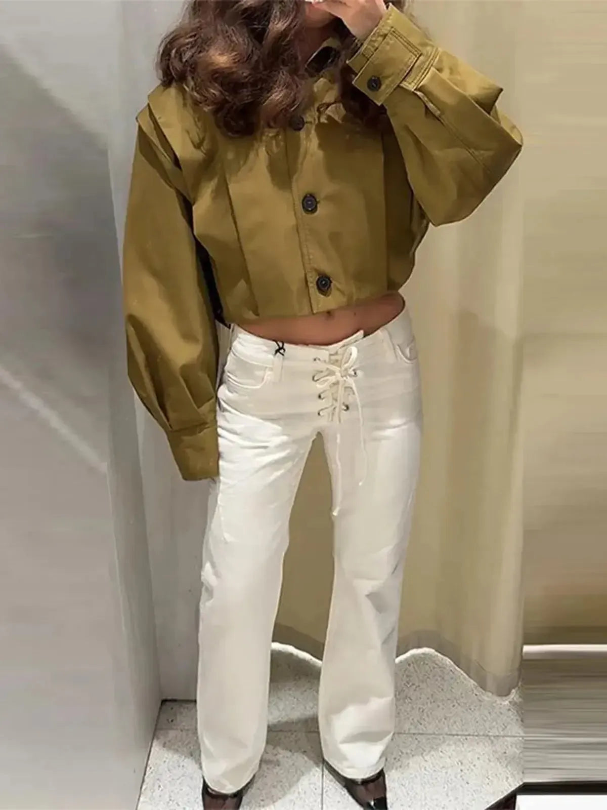 Jean taille basse blanc élégant à nouer-Saylana