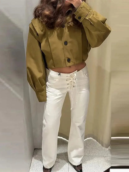 Jean taille basse blanc élégant à nouer-Saylana