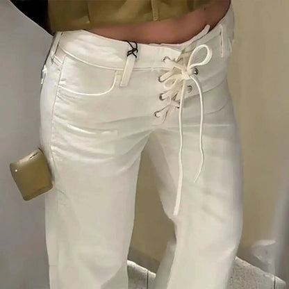 Jean taille basse blanc élégant à nouer - Saylana