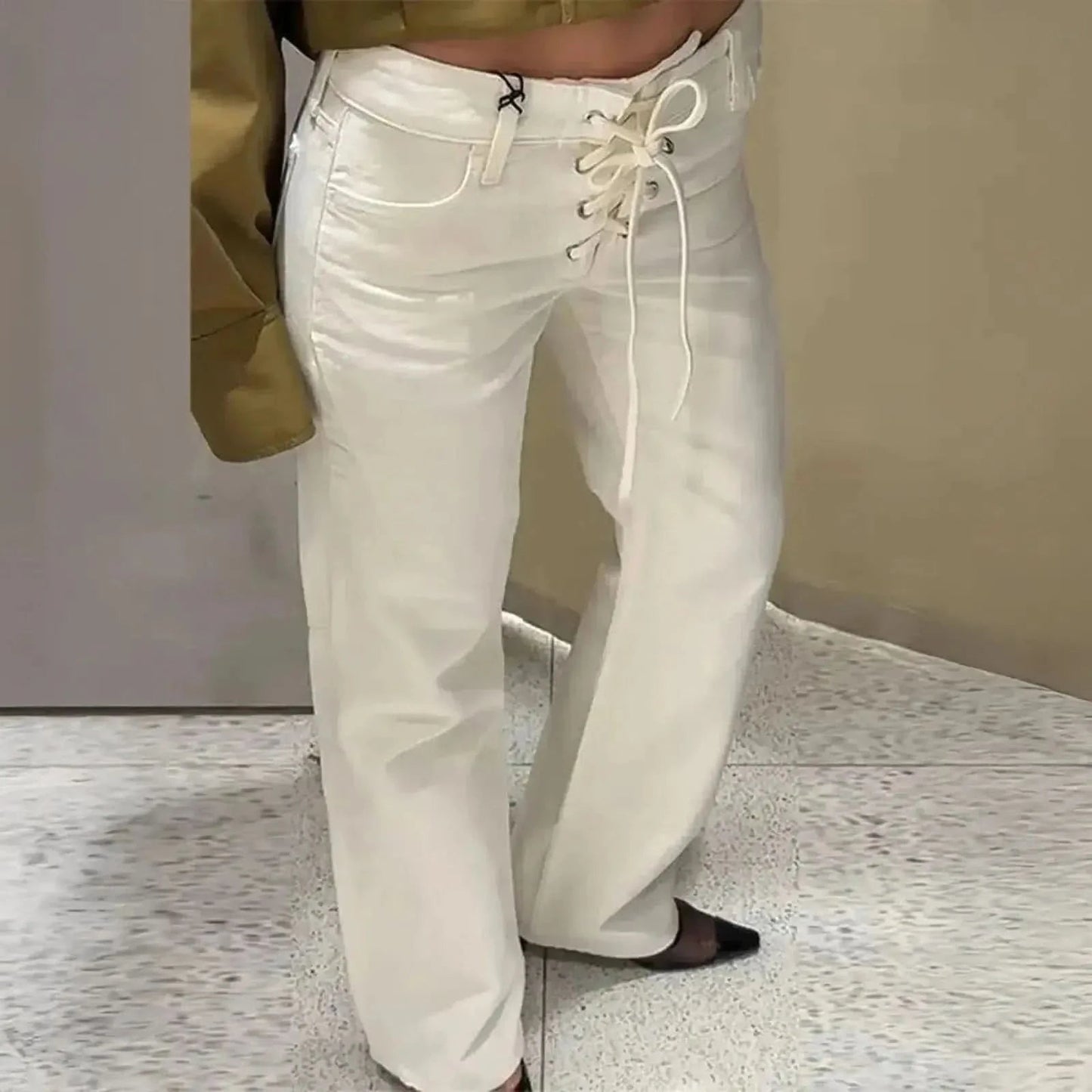 Jean taille basse blanc élégant à nouer - Saylana