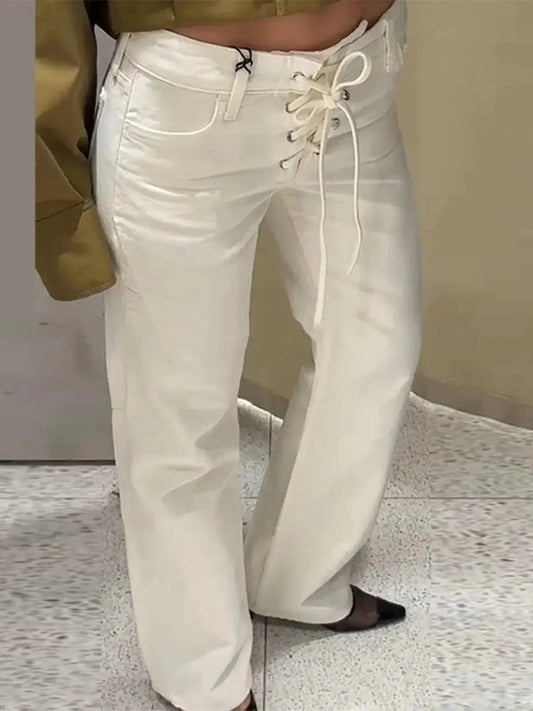 Jean taille basse blanc élégant à nouer-Saylana