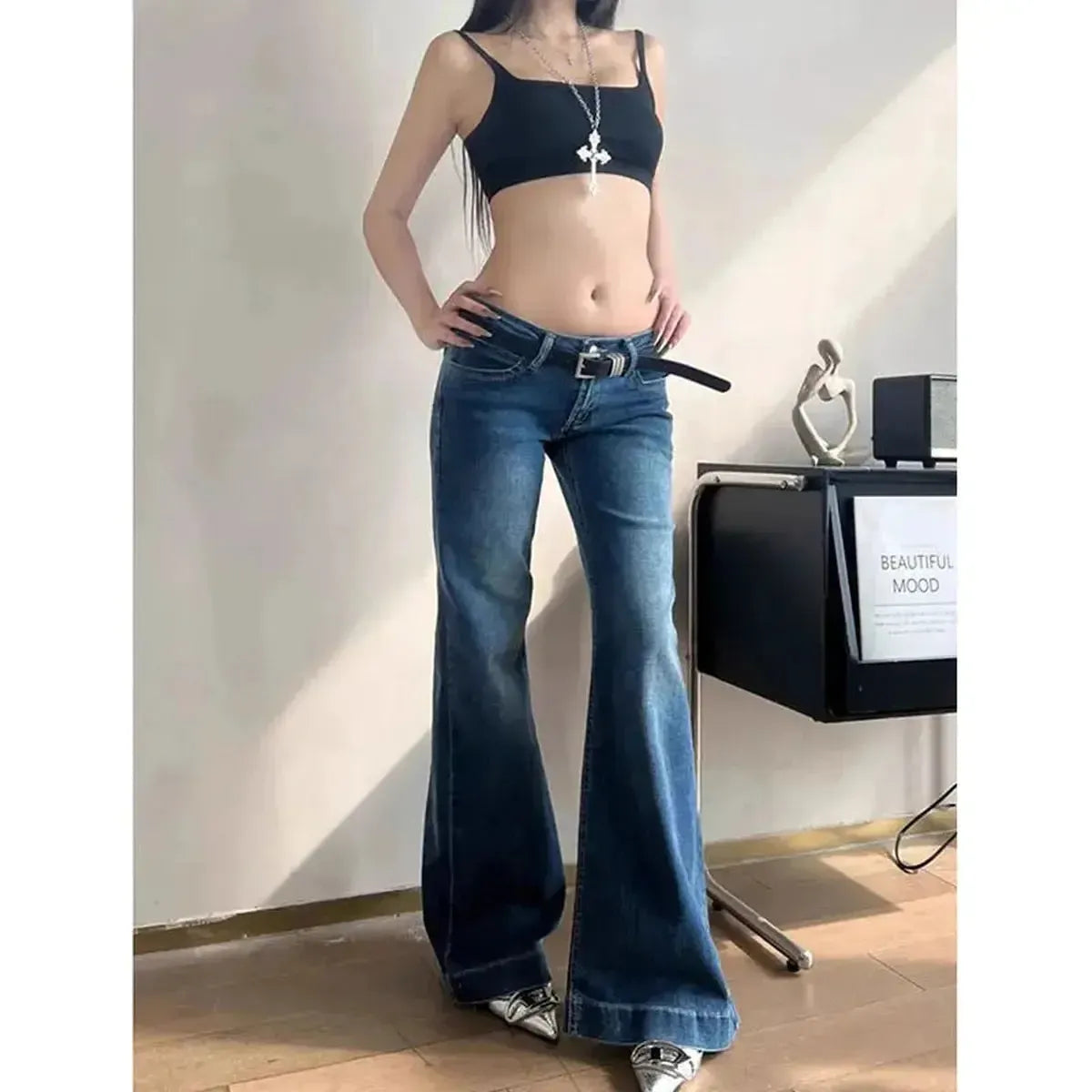 Jean taille basse flare coupe large-Saylana