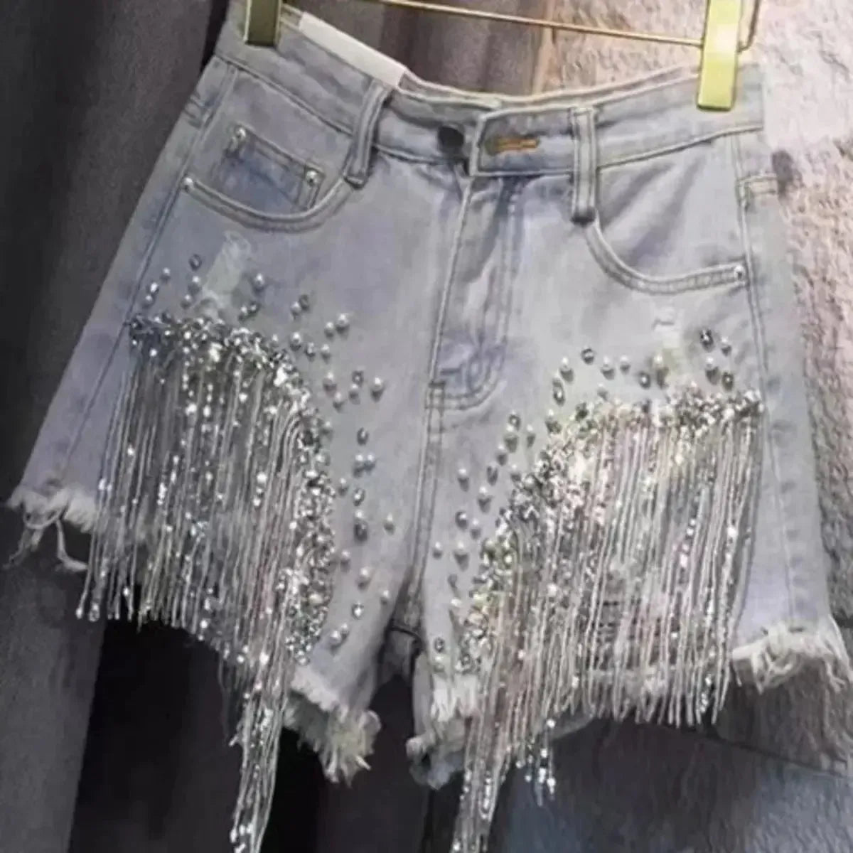 Jean taille haute à sequins et franges stylées-Saylana