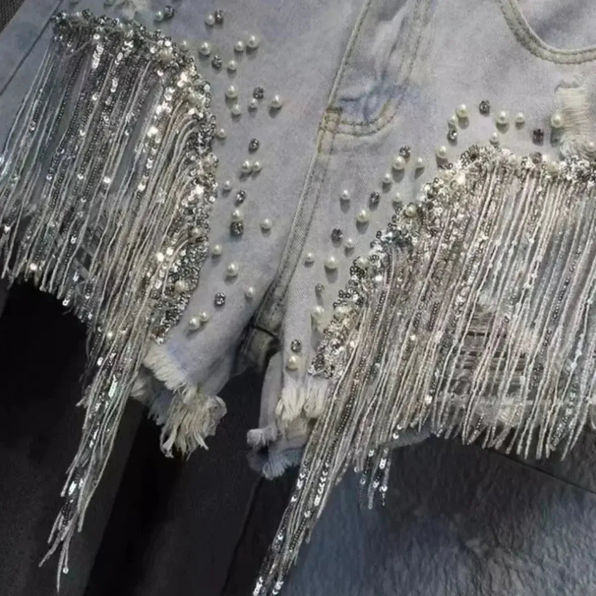 Jean taille haute à sequins et franges stylées-Saylana