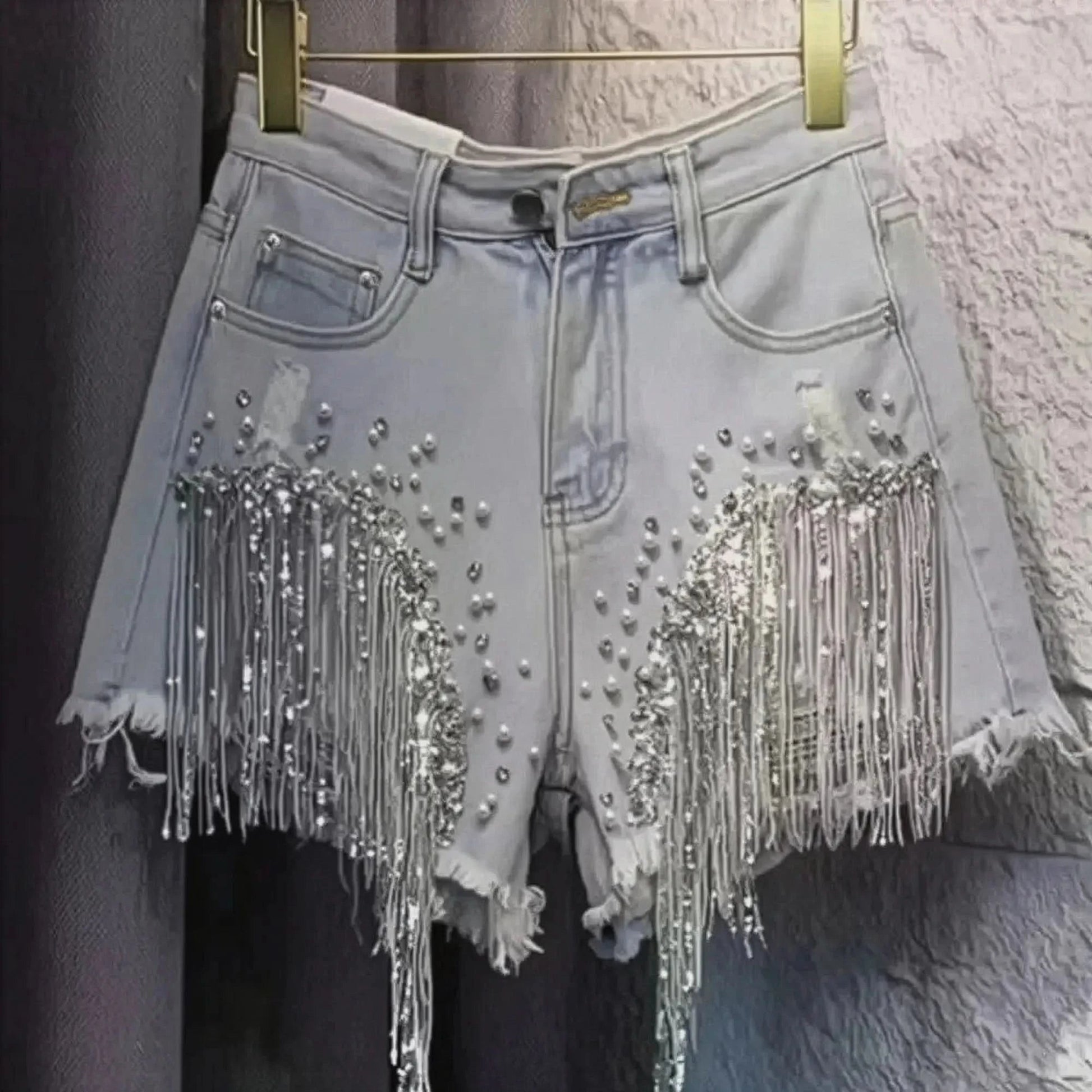 Jean taille haute à sequins et franges stylées - Saylana