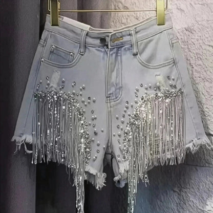 Jean taille haute à sequins et franges stylées - Saylana