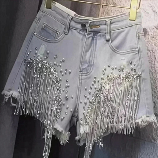 Jean taille haute à sequins et franges stylées - Saylana