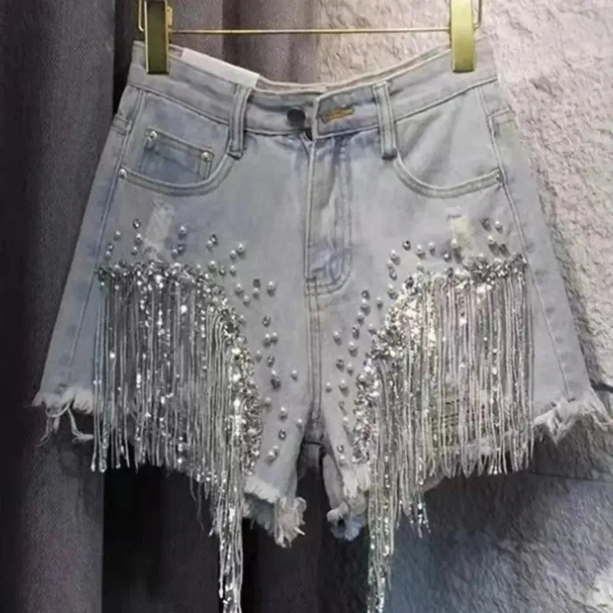 Jean taille haute à sequins et franges stylées-Saylana