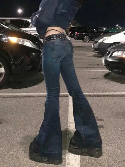 Kalevest Y2K High Street Low Rise Jeans Blue Women Pants Bootcut Pockets Jeans Streetwear Low Waist Jeans Wide Leg Pants-Saylana