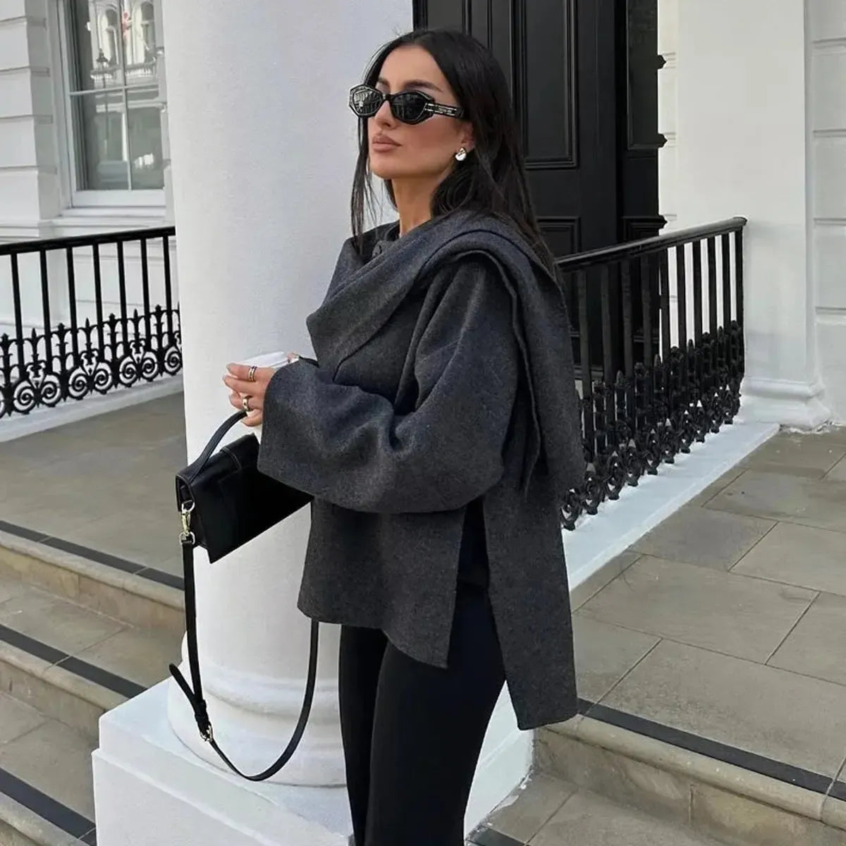 Manteau Hiver Asymétrique à Écharpe-Saylana
