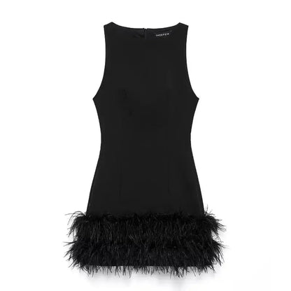 Mini Robe Noire à Plumes-Saylana