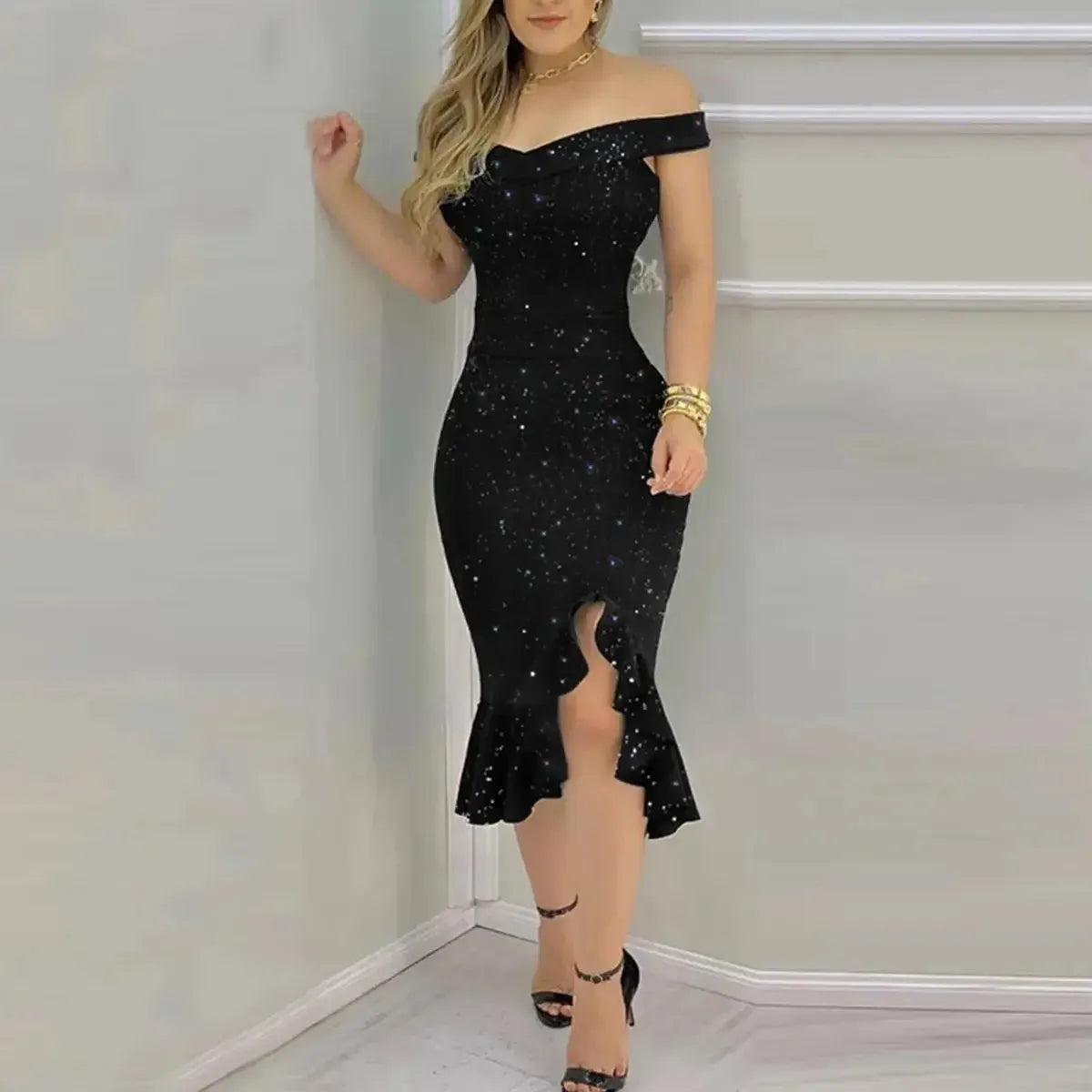 Robe Épaule Nue Été à Sequins & Volants-Saylana