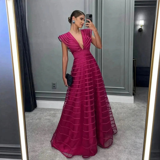 Robe Fuchsia A - Line Décolleté V - Saylana