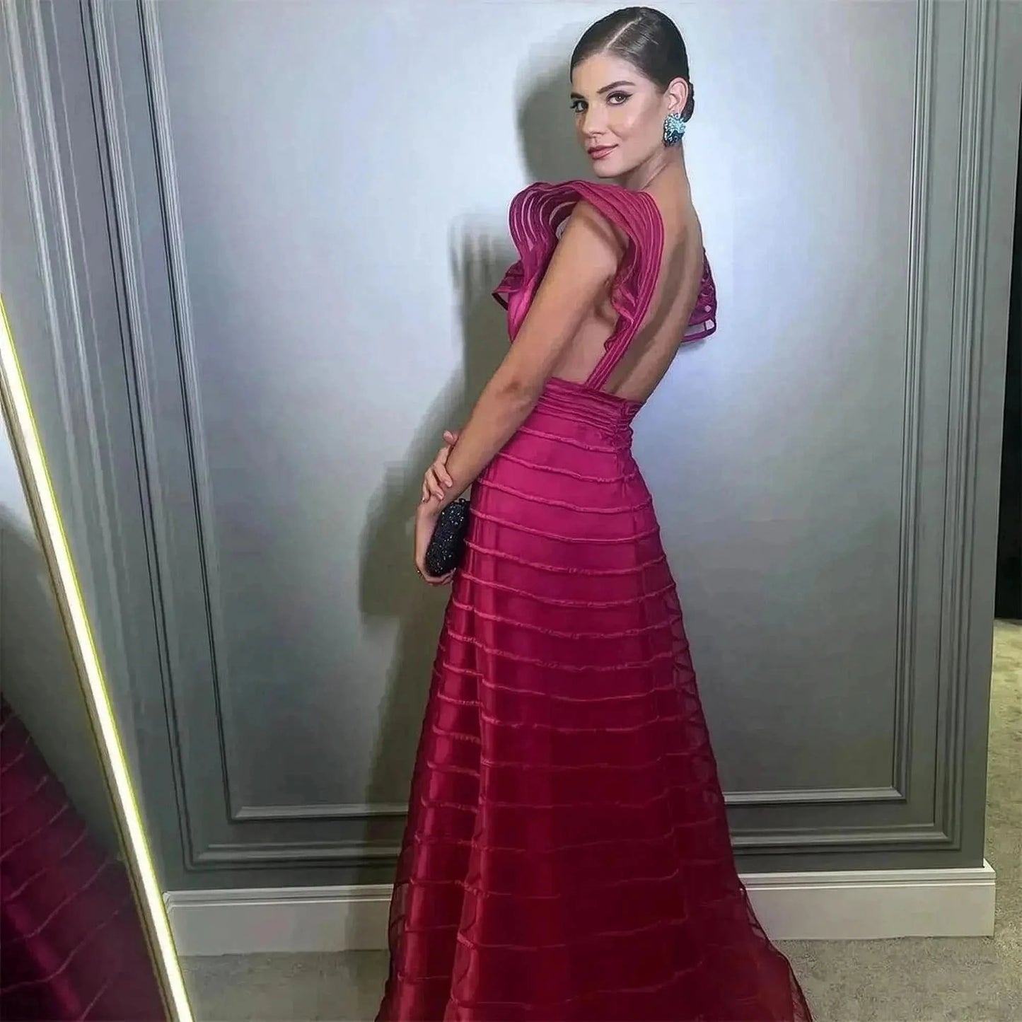 Robe Fuchsia A - Line Décolleté V - Saylana