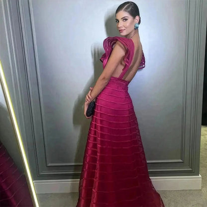 Robe Fuchsia A - Line Décolleté V - Saylana