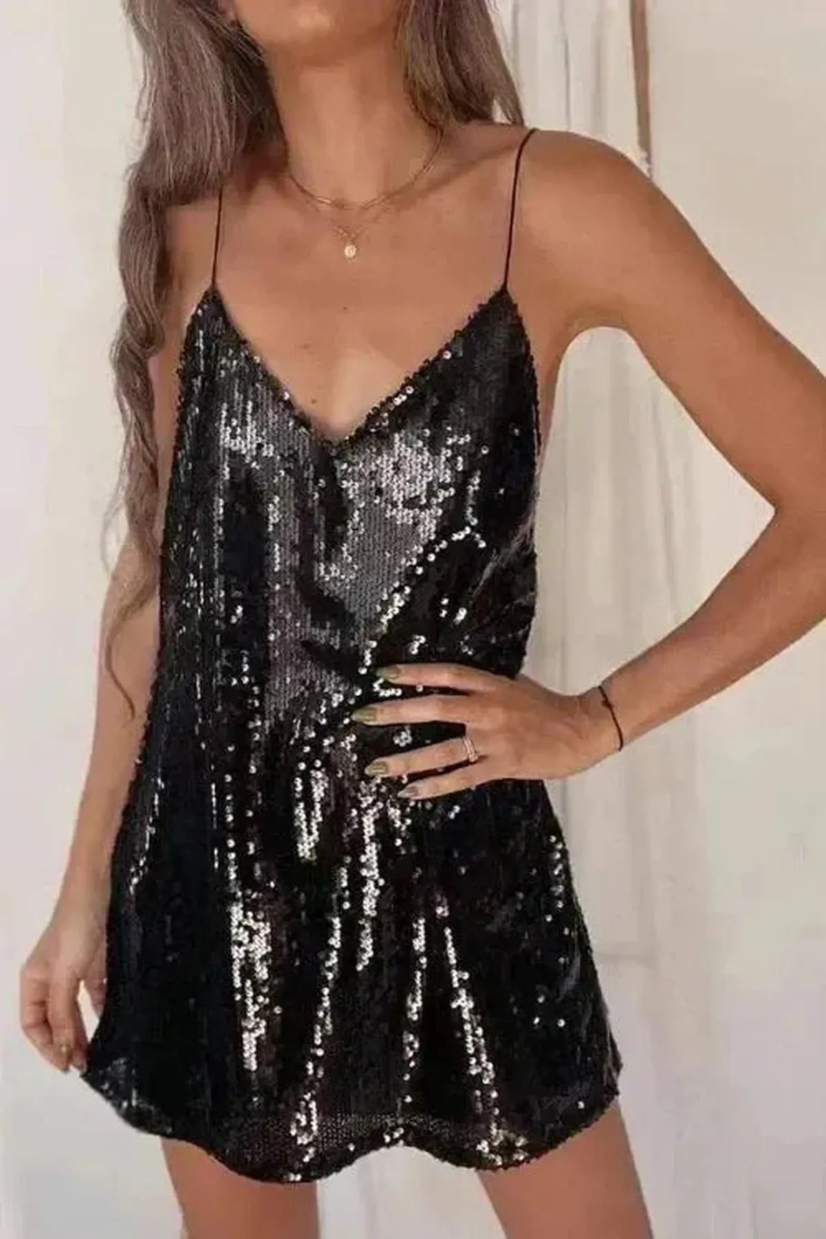 Robe Pailletée Col V Sans Manches-Saylana