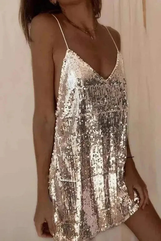 Robe Pailletée Col V Sans Manches-Saylana
