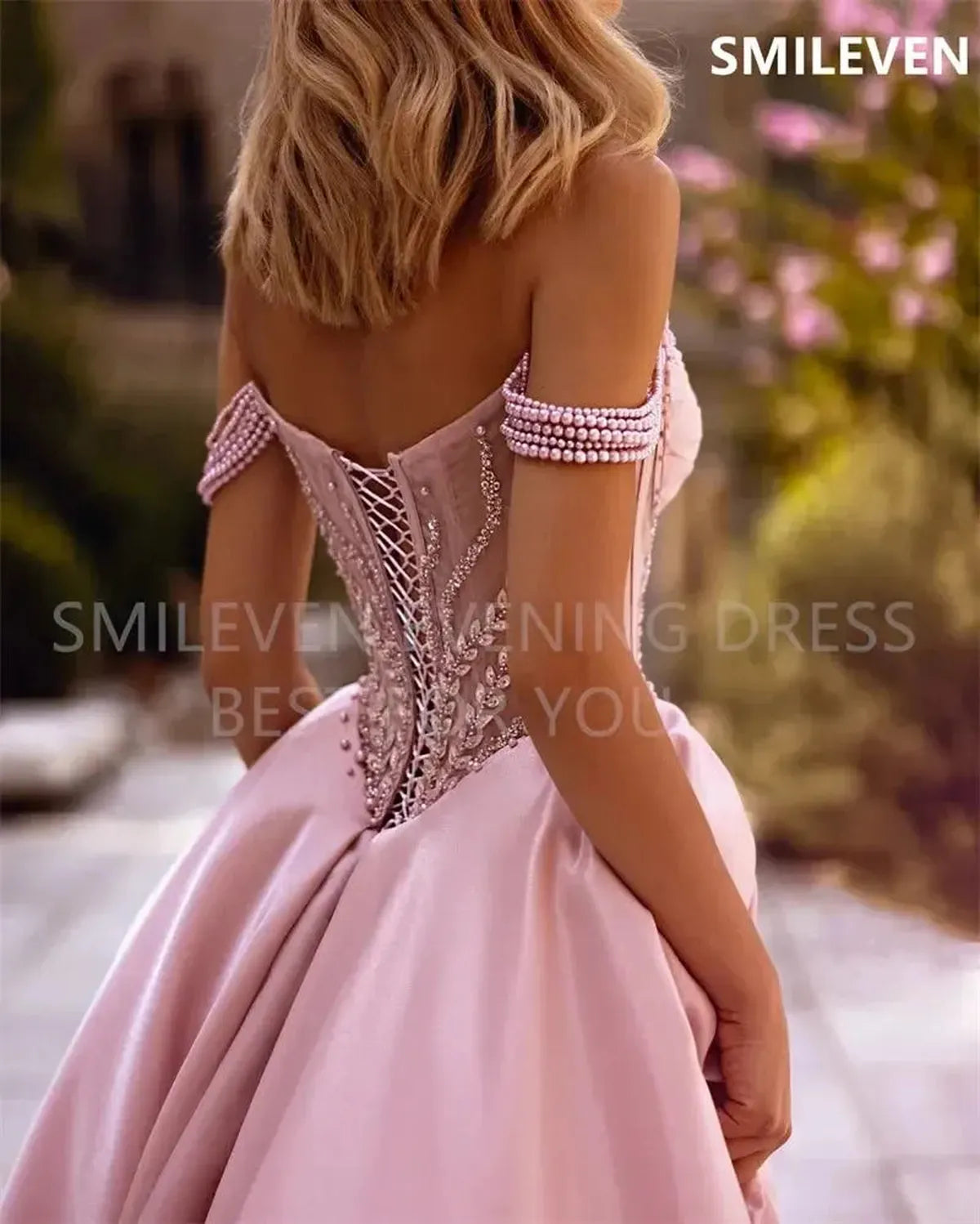 Robe Rose A-Line Épaules Dénudées-Saylana