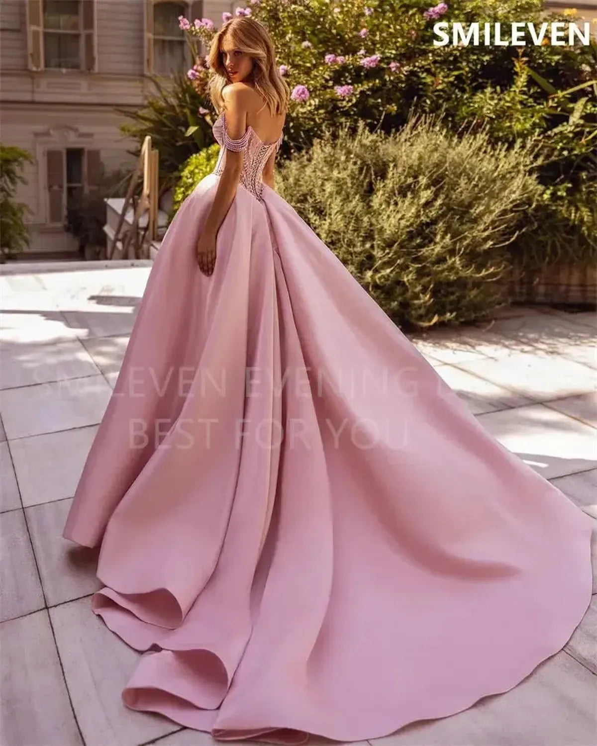 Robe Rose A-Line Épaules Dénudées-Saylana