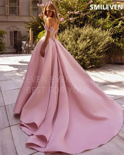 Robe Rose A-Line Épaules Dénudées-Saylana