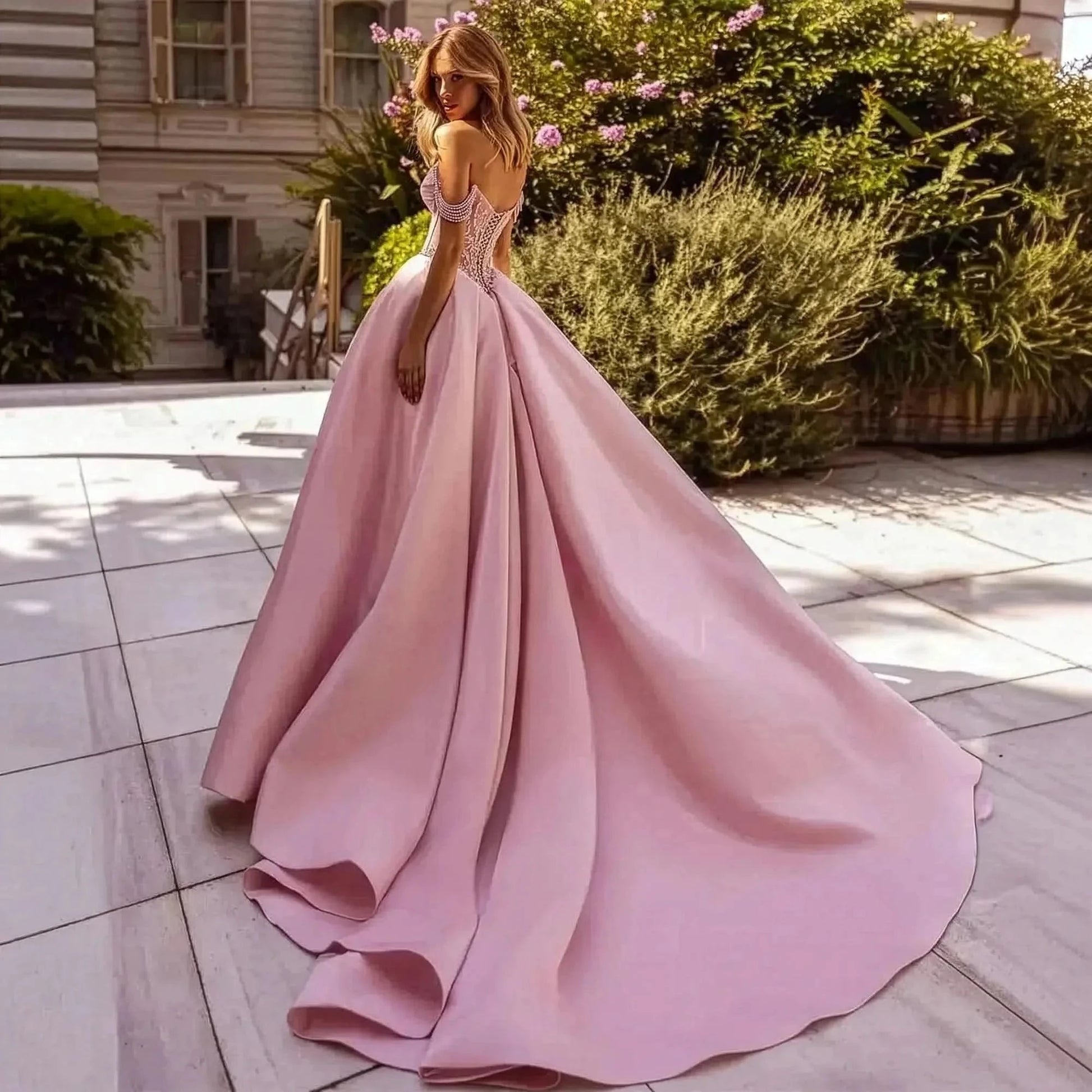 Robe Rose A - Line Épaules Dénudées - Saylana