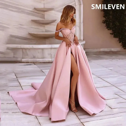 Robe Rose A-Line Épaules Dénudées-Saylana