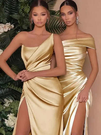 Robe Satin Dorée Épaule Unique-Saylana