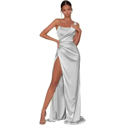 Robe Satin Dorée Épaule Unique - Saylana