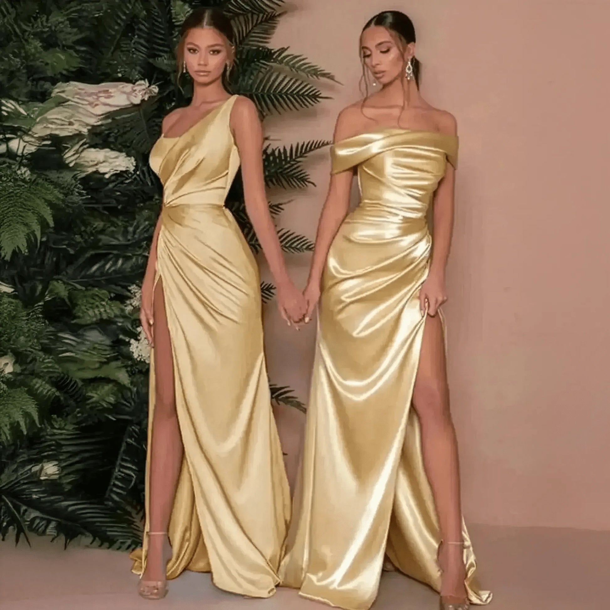 Robe Satin Dorée Épaule Unique - Saylana