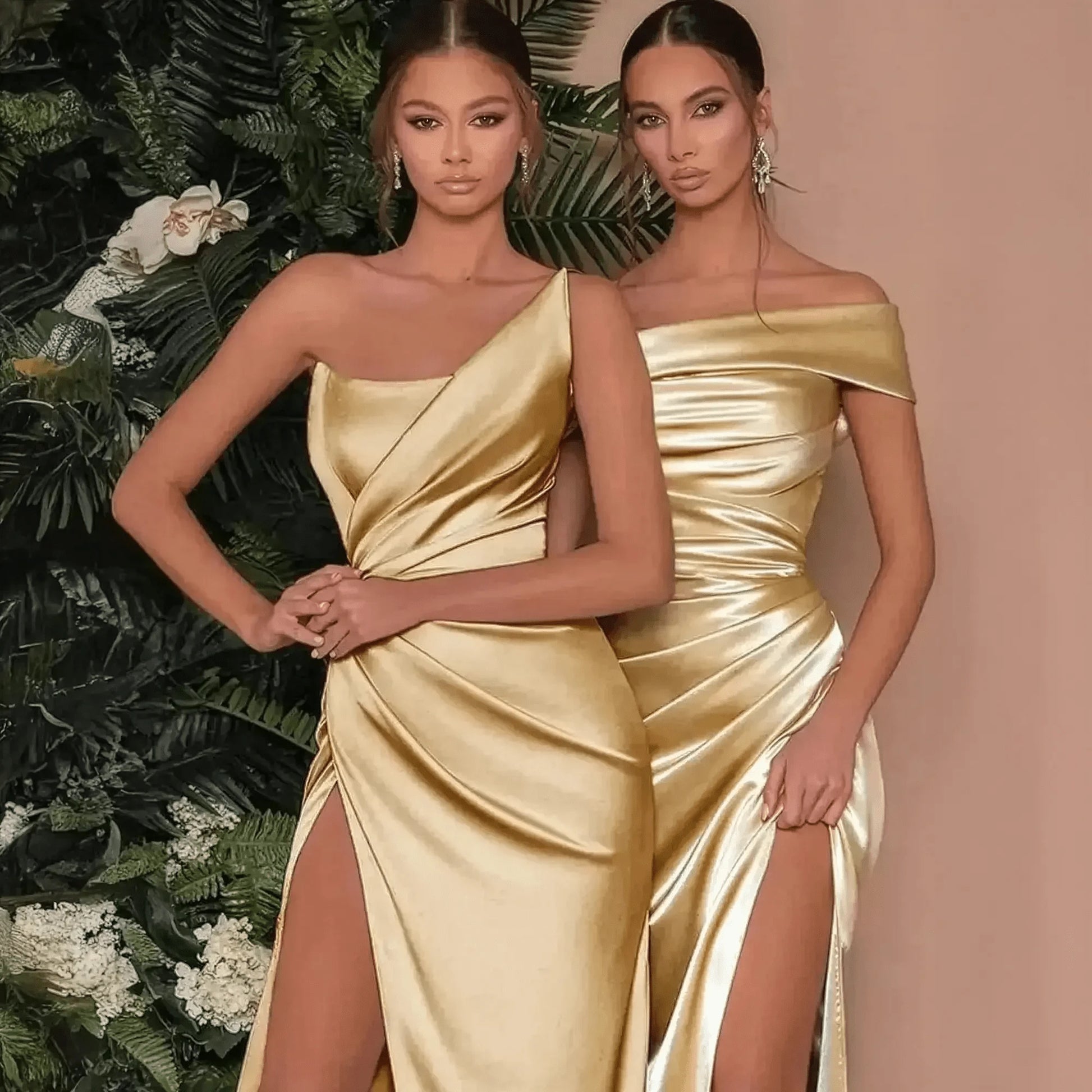 Robe Satin Dorée Épaule Unique - Saylana