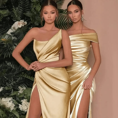 Robe Satin Dorée Épaule Unique - Saylana
