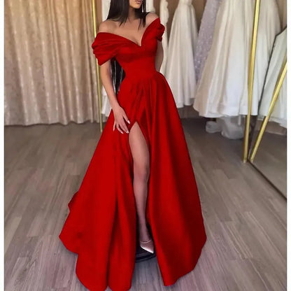 Robe Satinée Fendue Off Shoulder-Saylana