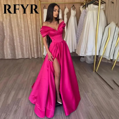 Robe Satinée Fendue Off Shoulder-Saylana